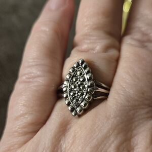Vintage Marcasite Ring Navette 18k Gold HGE Sz 7 Hallmarked